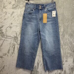 NWT YMI Womens Dream Fit Wide-Leg High-Rise Blue Jeans Distressed Sz 13 Stretch